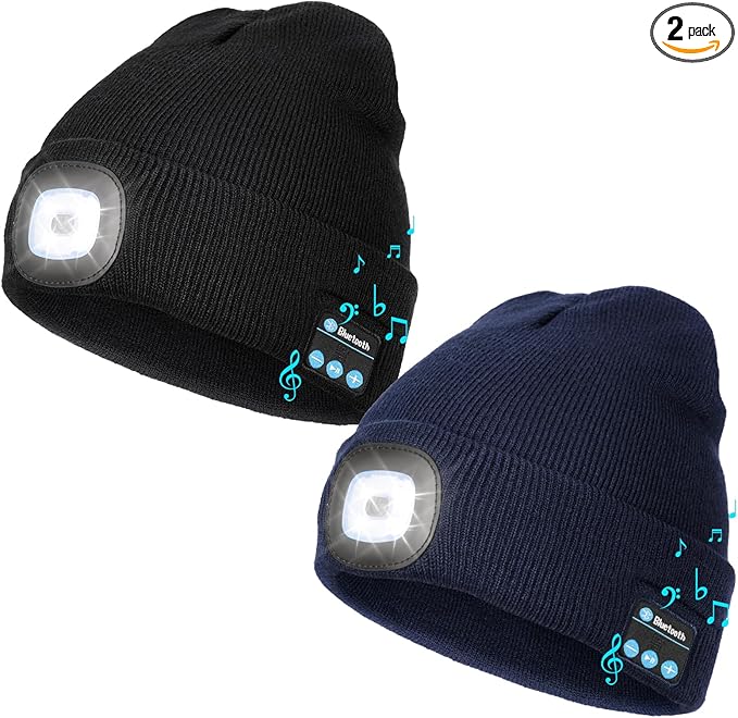 Wmcaps Stocking Cap Stuffers Bluetooth Beanie with A Light, 2-Pack Flashlight Headlamp Winter Hat Gifts for Men Women Dad Him