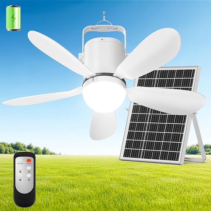 21” Solar Ceiling Fan Light, 35W Solar Powered Gazebo Fan with Remote Control, Rechargeable Battery Operated Portable Camping Fan Outside, for Tent Patio Greenhouse Porch Canopy Pergola