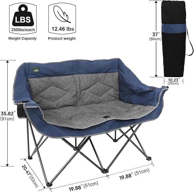Northroad Folding Loveseat Camping Chair Portable Double Duo Full Padded Garden Chair for 2 Person Sofa w/ 2 Cup Holder,Wine Glass Holder,Mesh Storage,Support 500lbs for Picnic Beach Travel(Blue)