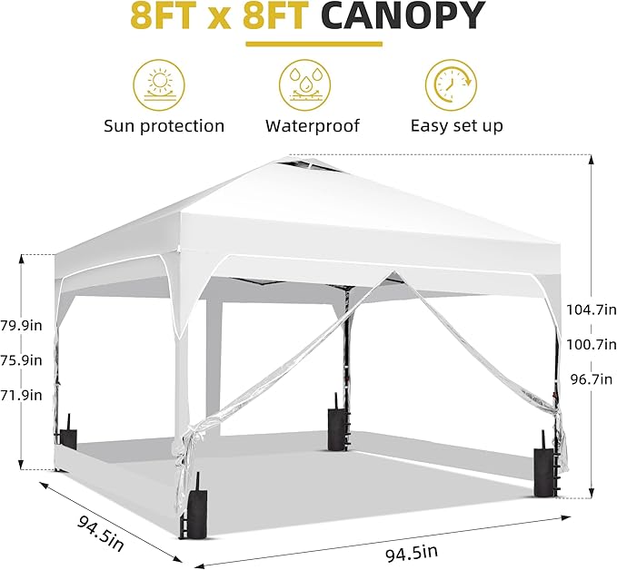 GDY 8x8FT Outdoor Pop Up Canopy Tent with One Push Setup, Easy Setup Gazebo with 4 PVC Transparent Sidewalls for Events, Parties, Camping, White