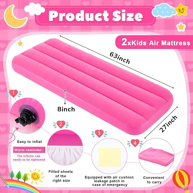 Windyun 2 Sets Kids Air Mattress Bulk with Fitted Sheet,Toddler Inflatable Bed 63 x 27 x 8 Inches Blow up Airbed Camping Sleeping Pad for Aged 3-10 Years Old Birthdays Slumber Sleepover Party (White)