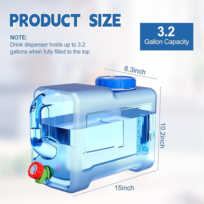 2 Pack 3.2 Gallon Water Container with Spigot Portable Water Tank for Camping No Leakage Watering Dispenser Jug with Tap for Road Trips Outdoor Hiking Emergency Storage Vehicle Picnic Home