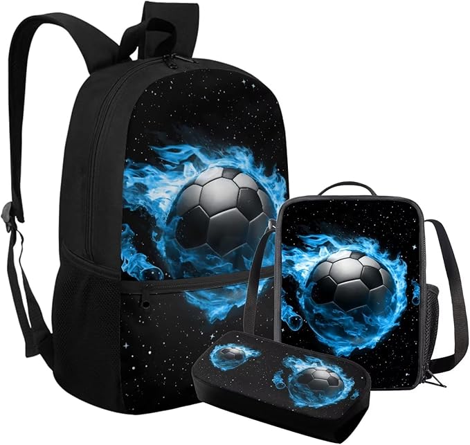 Rnyleeg Soccer Backpack for Kids 3-6 Cool Boys Bookbag Set with Lunch Box Large Capacity School Bag Set 3 Pcs for Primary School Casual Backpack with Accessories
