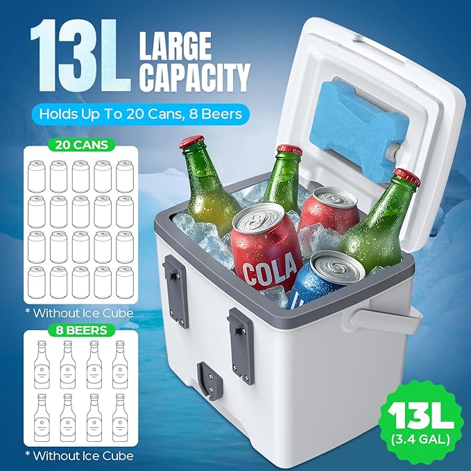 Tepsmigo 13L Insulated Poolside Cooler, Hard Cooler with Ice Crystal Box, Keeps Ice Up to 72 Hours, Portable Above Ground Pool Accessories, Pool Parties, Beach BBQ, Camping