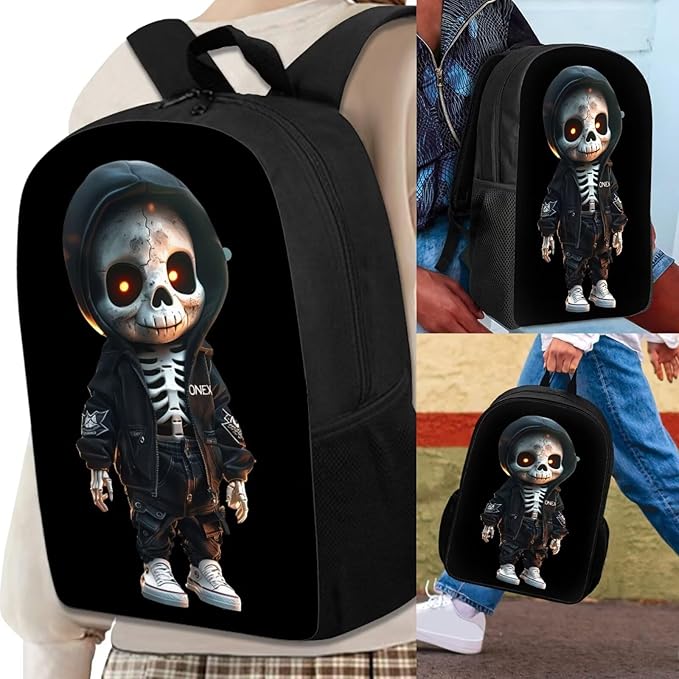 Skull Skeleton Backpack for School Boys 3 in 1 Cute Lightweight Kids Bookbag with Lunch Box 17 Inch Large Capacity Teens School Bags 7 Years Old for Toddler Back to School Travel Daypack