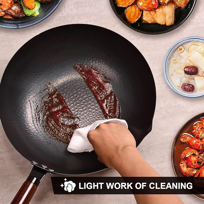 12.8" Carbon Steel Wok-11Pcs Woks & Stir Fry Pans Wok Pan with Lid, No Chemical Coated Chinese Woks with 10 Cookware Accessories, Flat Bottom Wok for Electric, Induction,Gas Stoves