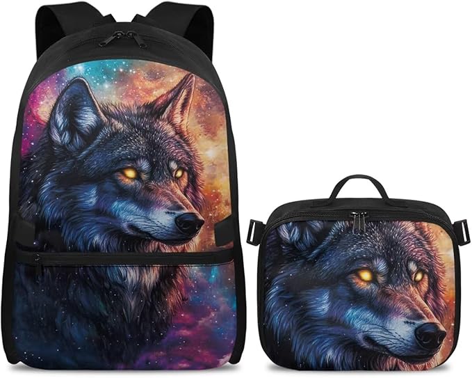 Galaxy Backpack for Men Wolf Bookbag with Lunch Bag Insulated Lightweight Polyester School Bag for Outdoor Camping Travel Casual Book Bag Daypack