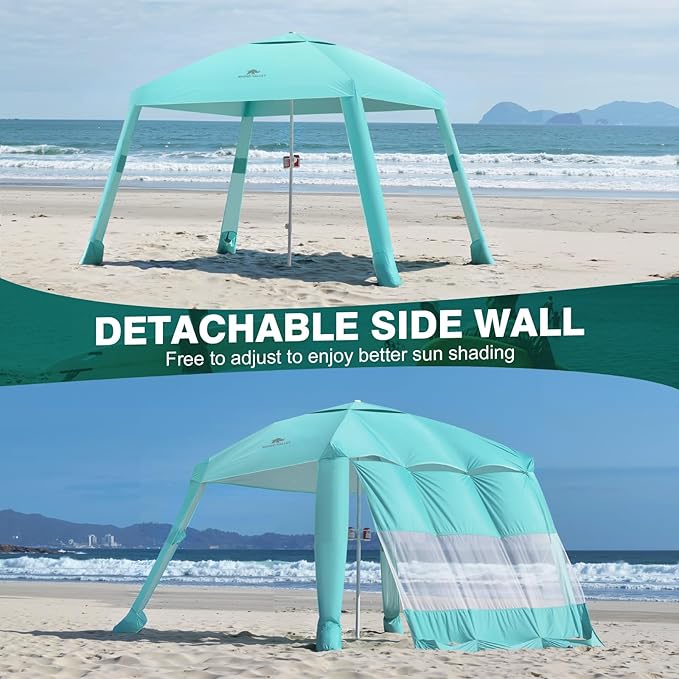 Rhino Valley Beach Cabana, 8 * 8FT Beach Shade Canopy Tent UPF50+ Protection, Easy Setup Wind Resistant with Cup Holder, Portable Foldable Beach Tent Sun Shelter for Whole Family, Turquoise Green