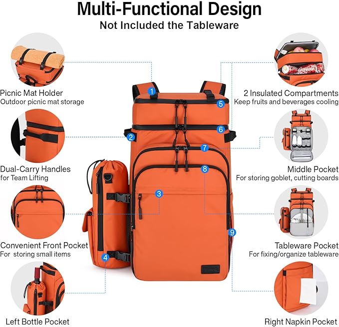 Hanke Backpack Cooler, 40 Cans Soft Leak Proof Picnic Backpack, Portable 2 Insulated Compartments Cooler Backpack Water Resistant for Lunch Beach Travel Camping Picnic Hiking,Orange