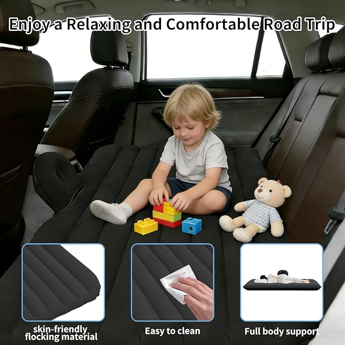 Car Air Mattress, Inflatable SUV Truck Camping Mattress for Back Seat, Thickened Travel Car Bed Sleeping Pad with Inflatable Pier Air Pump 2 Pillows (Black)