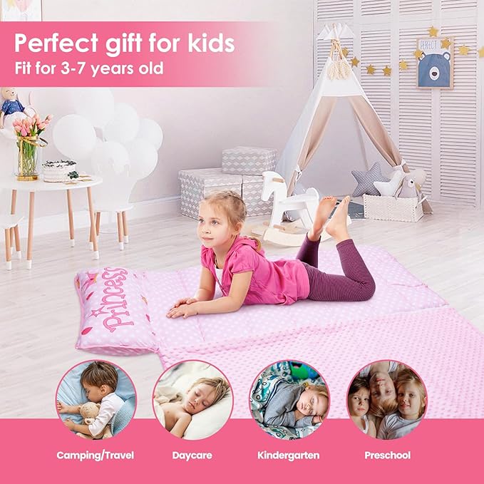 Kids Nap Mat Portable Slumber Bags with Removable Pillow and Blanket for Girls Boys, Lightweight Extra Large Sleeping Bag for Preschool Camping Daycare