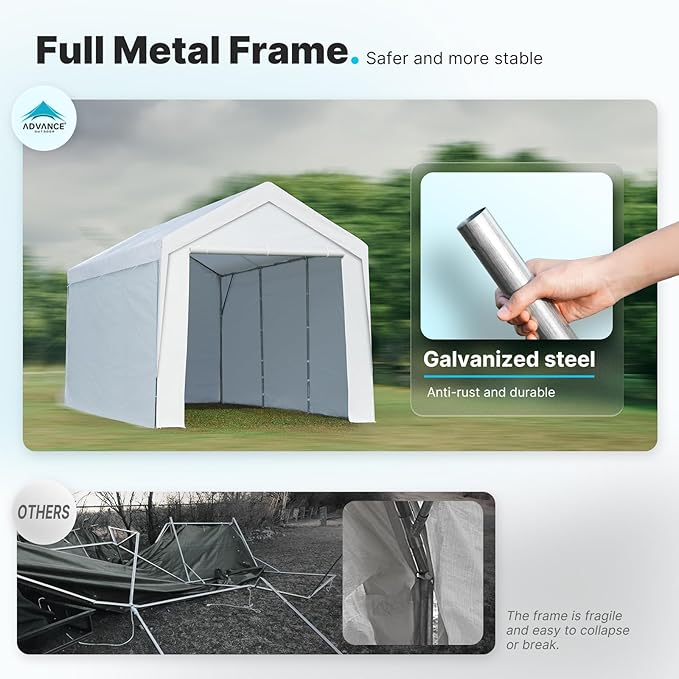 ADVANCE OUTDOOR 10x20 ft Heavy Duty Carport Garage Shelter, Adjustable Height (6.5-11ft) Waterproof Canopy with Removable Sidewalls for Cars, RV, Boat, Truck, Party - White