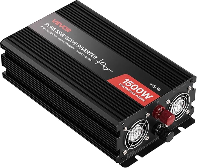 VEVOR 1500W Power Inverter, 12V DC to 120V AC Pure Sine Wave Inverter, Car Charger Converter with Remote Control, USB & Type-C Ports, 4 AC Outlets, Fast-Charging for RV, Truck Outdoor Camping