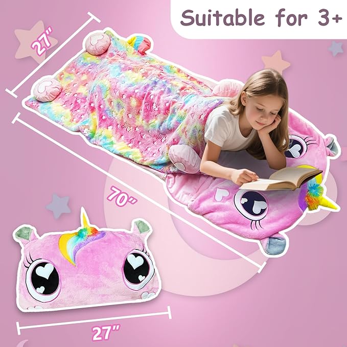 Kids Sleeping Bag, Large Unicorn Slumber Bag for Girls Boys, Portable Nap Mat, Preschool Daycare Kindergarten Birthday Gift 3-12 Yr Child