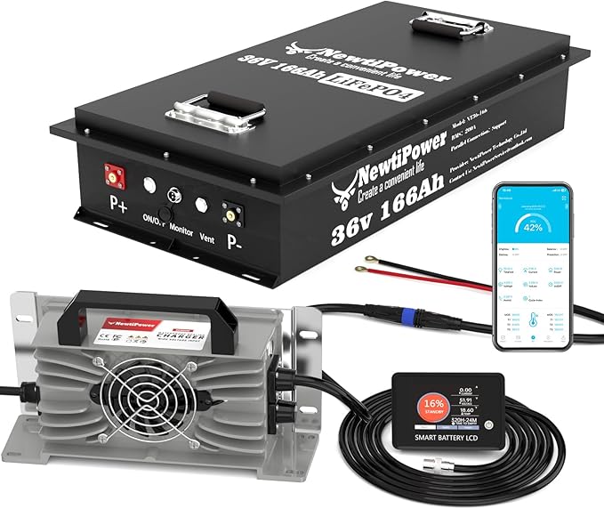 36V 166Ah LiFePO4 Battery Small Size, 6374Wh Lithium Battery with 200A BMS, Up to 10000+ Rechargeable Cycles, Perfect for Golf Cart,RV Camping, Trolling Motor, Solar Power Storage (36V*166Ah)