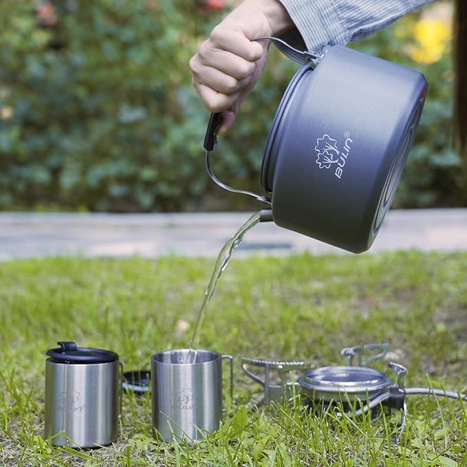 Bulin Camping Kettle, 2.2L Large Portable Stovetop Tea Kettle Fast Heating Boiling Hot Water for Open Fire Lightweight Coffee Pot with 2 Camping Cups & Lids for Outdoor Hiking Picnic Travel
