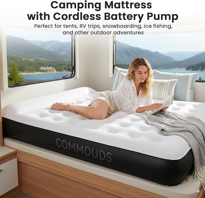 COMMOUDS Queen Air Mattress with Built-in USB Rechargeable Air Pump, 8" Raised Blow up Mattress with Built-in Pillow, Portable Inflatable Mattress, Air Bed for Camping, Travel, Home and Guest