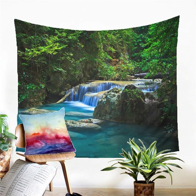 Forest Waterfall Tapestry Wall Hanging Sandy Beach Picnic Rug Camping Tent Sleeping Pad Home Decor Bedspread Sheet Wall Cloth (80x68inch,8)