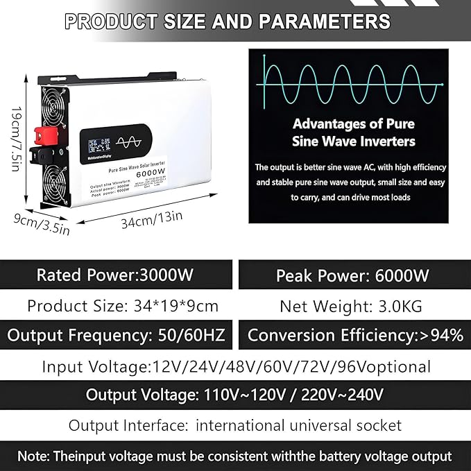 5000-12000w Pure Sine Wave Inverter Camping Inverter Portable Power, DC 12 V, 24 V, 48 V, 60 V, 72 V a CA 110 V for Home/RV/Truck/Car/Camping/Solar 24V-6000W