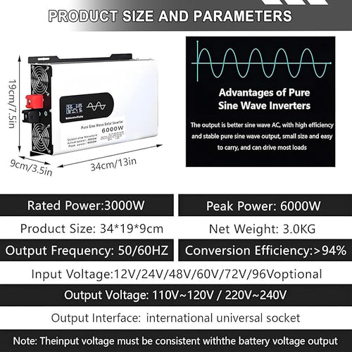 5000-12000w Pure Sine Wave Inverter Camping Inverter Portable Power, DC 12 V, 24 V, 48 V, 60 V, 72 V a CA 110 V for Home/RV/Truck/Car/Camping/Solar 60V-6000W