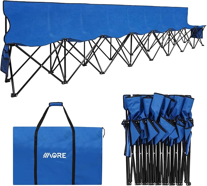 1MORE Portable Folding Bench, Foldable Sideline Bench for Team, 8 Seats Outdoor Camping Chair with Carry Bag & Backrest, Team Sport Sideline Bench for Football,Soccer, Fishing. Blue