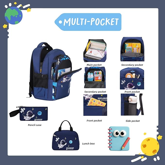 ZHANAO Backpack Set for Boys Astronaut Schoolbag with Lunch Box Pencil Case Set Bookbags for Kids Children Waterproof Lightweight Backpacks