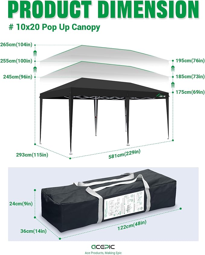 10x20 Pop Up Canopy with 6 Removable Sidewalls, Easy Set-up 2 Central Lock Outdoor Party Tent with Top Vent, Commercial Tent, Stakes x8, Ropes x4, Sandbags x4, Hand Bag x1(Black, 10 * 20)