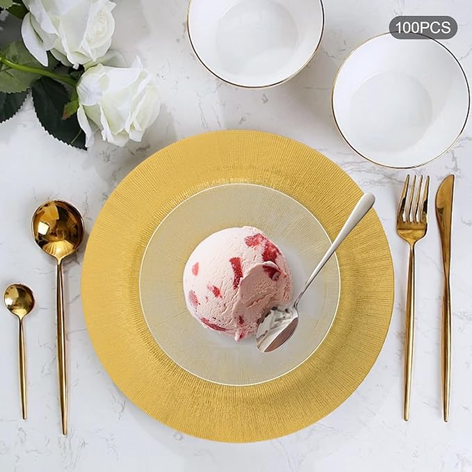 100 PCS Charger Plates Bulk, 13 Inch Decorative Round Dinner Plates, Plastic Dinner Chargers Bulk Serving Plate for Birthday Parties, Holidays, Weddings (Gold)
