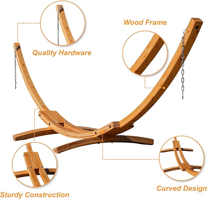 Lazy Daze Hammocks 13 FT Outdoor Arc Wood Hammock Stand, 2 Person Hard Pine Wood Hammock Stand with Carabiners and Chains for Outdoor Patio Garden Yard Poolside, 500lb Capacity, Natural