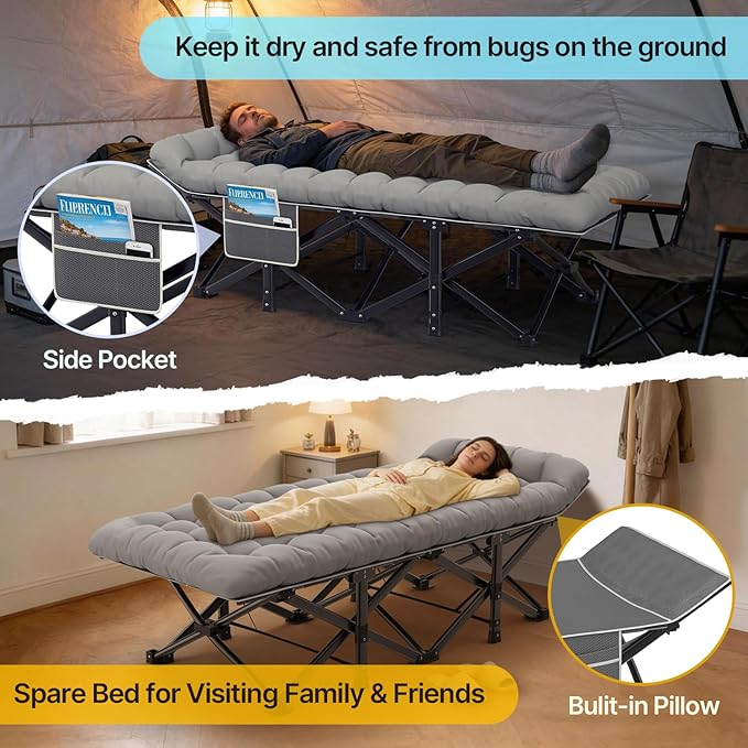 Slendor XXL Folding Camping Cot for Adults with Mattress Pillow Carry Bag, 32 inch Extra Wide Portable Sleeping Cot, 900LBS Support Outdoor Cot Bed for Office Nap Beach Travel RV