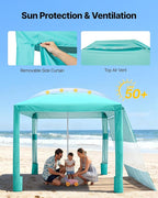 VEVOR Beach Cabana, 8 x 8 ft Beach Canopy with Side Wall, UPF 50+ Protection Easy Setup Cabana Tent with Sand Pockets, Adjustable Height Portable Shade Sun Shelter Umbrella for Family & Friends, Green
