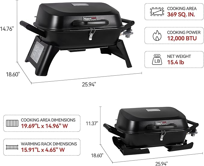 GT2007 Portable Tabletop Gas Grill, 12,000 BTU Output for Outdoor Camping, Foldable Legs, Piezo Ignition, Built-in Thermometer, for Tailgates and Camping Trips, Black