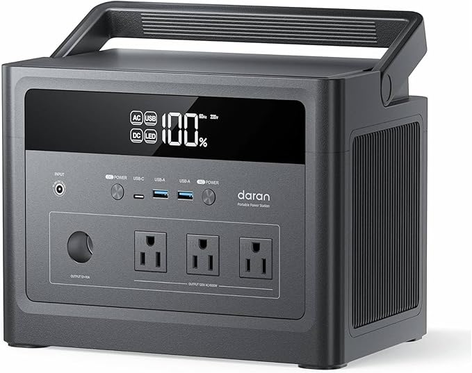 DaranEner Portable Power Station 600W (1200W Surge), 576Wh LiFePO4 Battery, 3 AC Outlets, 100W USB-C PD Fast Charging Solar Generator for Camping, RV, Home Backup