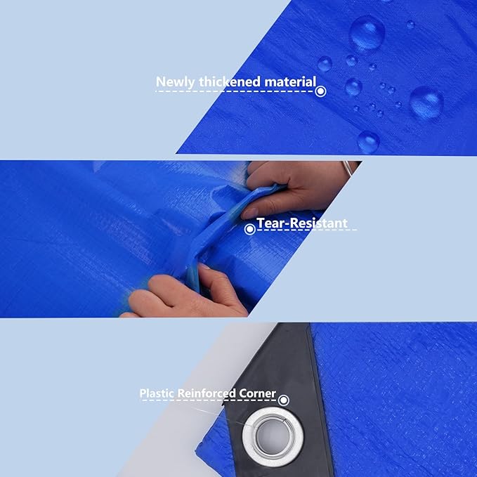 Heavy Duty Waterproof Tarp 10x10 FT, 6 Mil Thick Tarpaulin Cover with Reinforced Edges & Grommets - for Outdoor Camping, Roof, Boat, RV, Pool, Tent - Includes Utility Rope