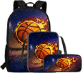 Rnyleeg Fire Basketball Backpack for Kids Age 6-8 Cool Boys Backpack with Lunch Box 3 Pcs Bookbag Set for Elementary School Back to School Gifts