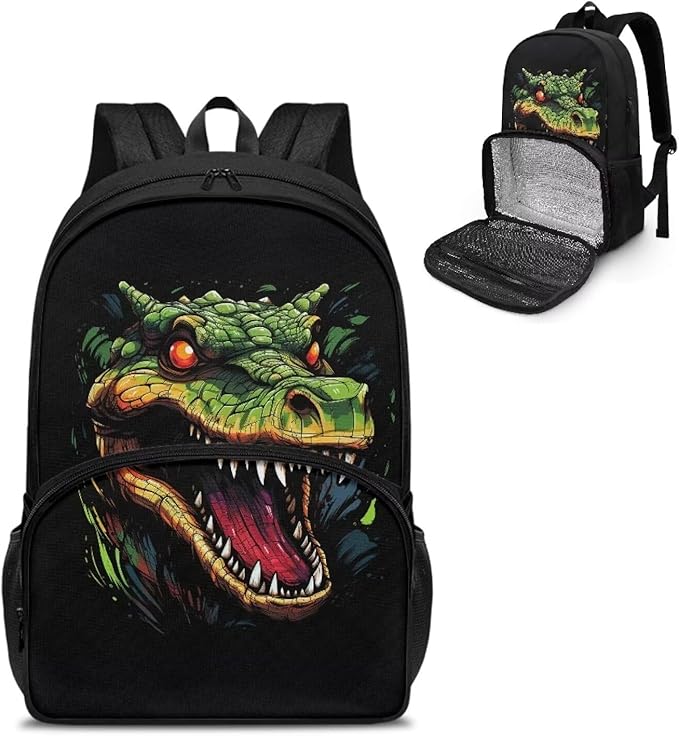 Crocodile Print Meal Bag Backpack Kids Backpacks with Lunch Compartment Meal Bag Large Bookbag Insulated Cooler Backpack Lunch Box Nurse Work Backpacks for Travel Casual