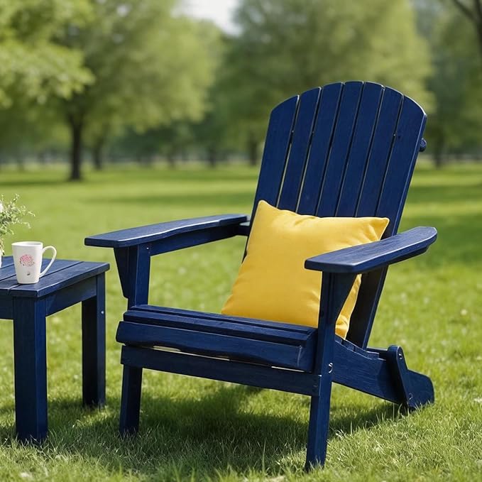 VINGLI Folding Adirondack Chairs Set of 1, Wood Adirondack Chair for Outdoor, Foldable Fire Pit Chairs for Patio, BBQ, Porch, Yard, Pool, Blue