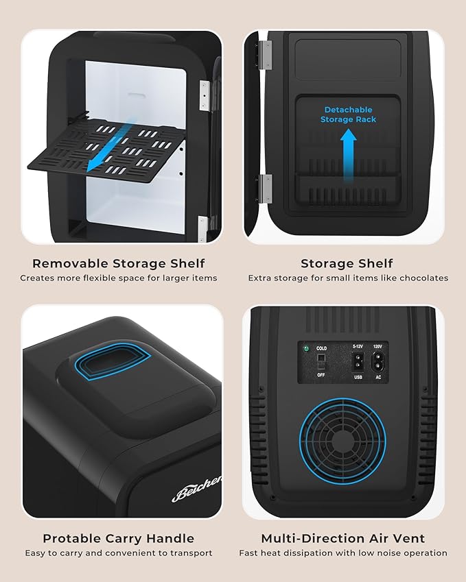 Mini Fridge, 4 Liter/6 Can Portable Refrigerator for Bedroom Office Dorm Car– Fast Cooling, Low Noise, 100-125V AC/5-12V USB Small Compact Refrigerator for Skincare, Food, Drinks(Black)