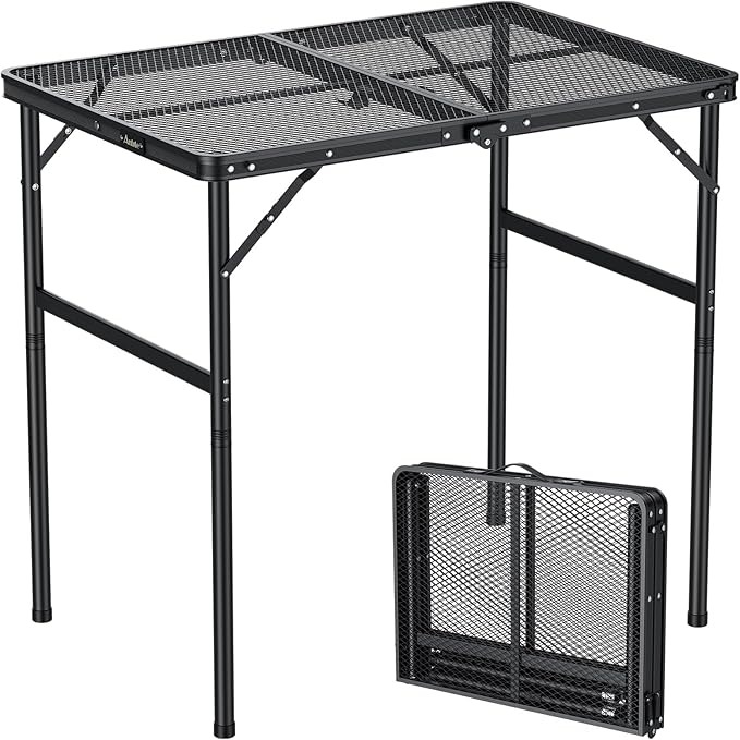 Anbte Portable Grill Table Max 29.5", 2 Adjustable Heights Folding Camping Table with Heat-Resistant Mesh Tabletop &Portable Handle, Waterproof, for Cooking BBQ Outdoor Patio, 31" X 22", Black