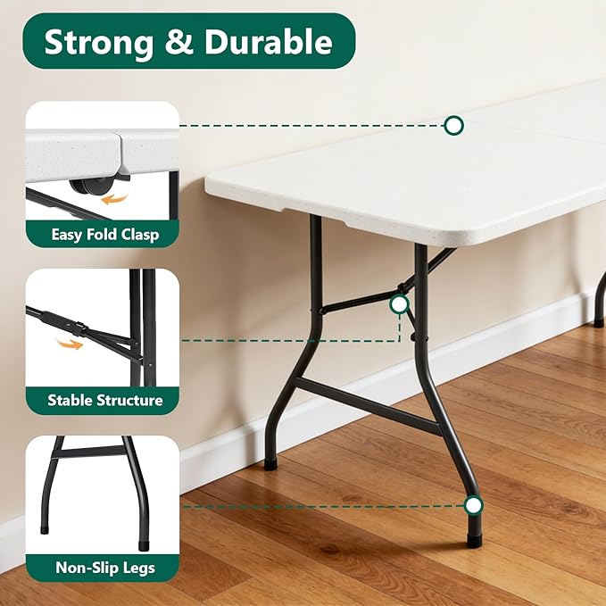 Folding Table 6FT Heavy Duty Plastic Table with Handle, Foldable&Portable, Fold-in-Half Utility Tables for Outdoor, Dining, Wedding, Events, Indoor, Picnic, Camping, Party, White