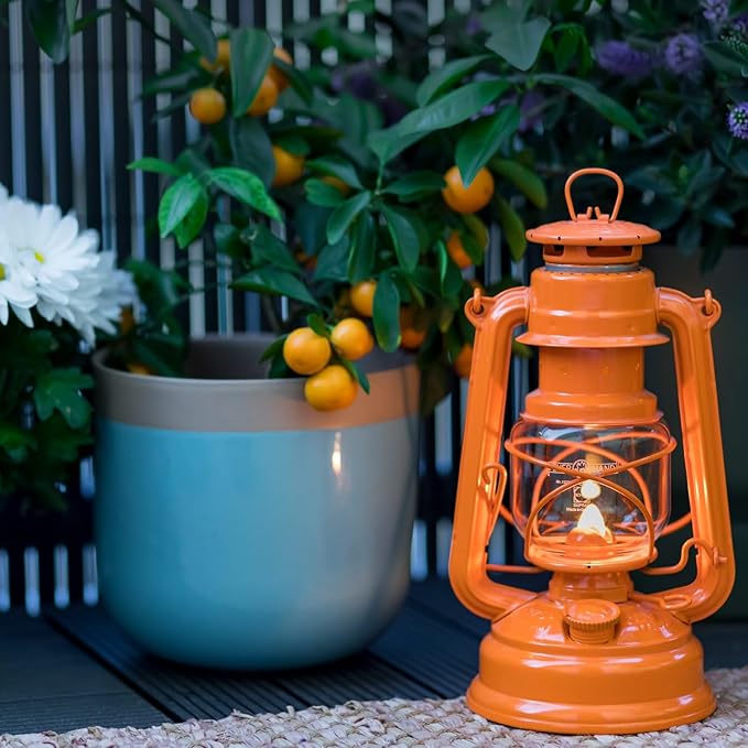 Feuerhand Outdoor Kerosene Fuel Lantern, German Made Weather Resistant Baby Special 276 Galvanized Hurricane Lamp for Camping or Patio, 10 Inches, Pastel Orange