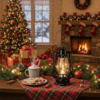 Hortsun 2 Pcs 12 Inch Vintage LED Hurricane Lantern Metal Black Outdoor Battery Operated Hanging Lantern with Warm LEDs and Dimmer Switch for Indoor Rustic Farmhouse Country Camping Decor