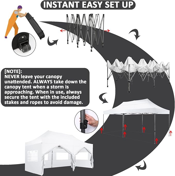 COBIZI 10x20 Pop Up Canopy with 6 Sidewall,Heavy Duty Canopy UPF 50+ All Season Wind Waterproof Commercial Outdoor Wedding Party Tents for Parties Canopy Gazebo with Roller Bag(10 x 20 ft White)