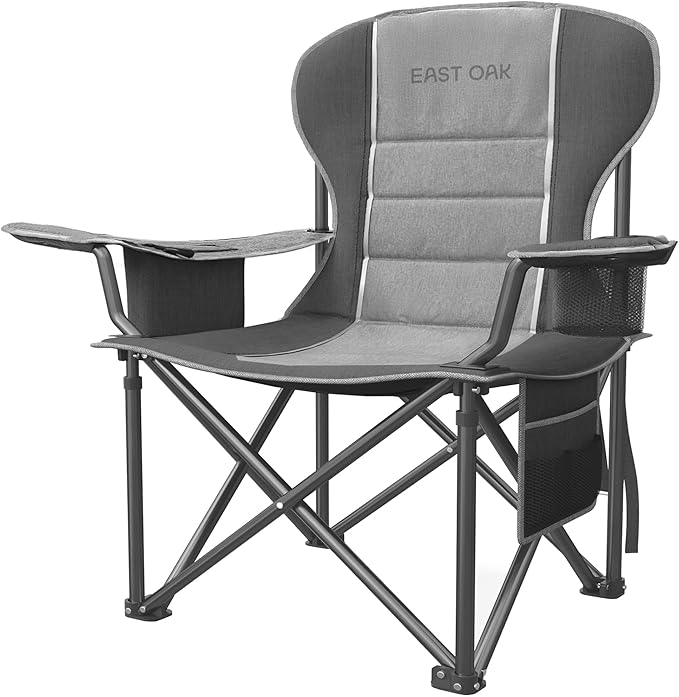 East Oak Oversized Camping Chair | Heavy Duty Camping Chairs | 500LBS Support, 600D Oxford, Cup Holder & Side Pocket | Ideal for Camping, Beach, Sports Events, Backyard & Tailgating | Gray