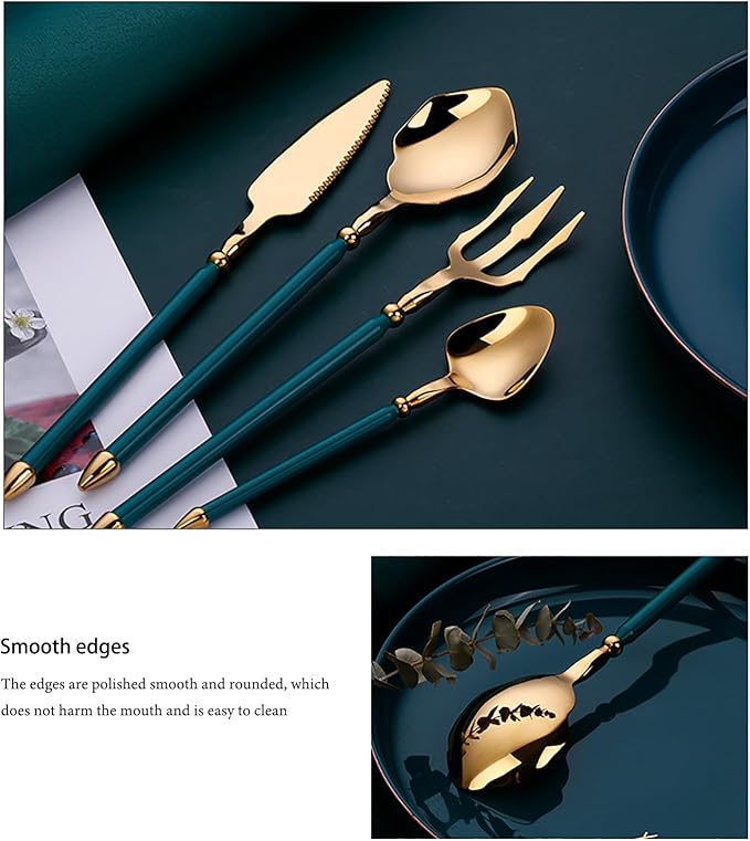 32pcs gold flaware set for 8,stainless steel silverware set,Tableware Sets for 8 Including Forks Spoons Knives, Gold knife and fork long white handle Camping Silverware Travel Utensils Set Cutlery