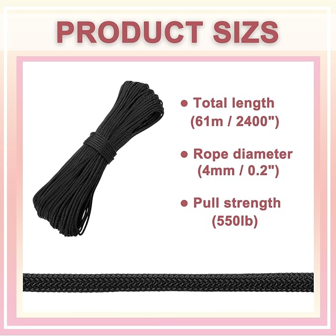 PATIKIL 550lb Paracord Rope 200ft, 4mm Tent Rope, 7-Strand Core Heavy Duty Cord for Outdoor Camping Hiking Tent Survival Utility Rope, Black
