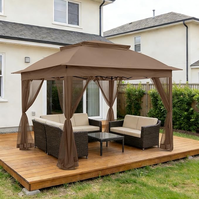 COOS BAY Pop up Gazebo 11x11, Instant Canopy Tent with Mesh Netting, Patio Gazebo with 121 Square Feet of Shade, 4 Weight Bags Included, Brown