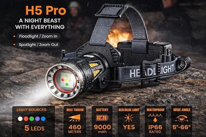Long Range Rechargeable Headlamp, 5-Color-in-1, Zoomable Hunting Headlamp for Coyotes Hog Predators, Blood Tracking Light, Head Lamp Light for Search Rescue Outdoor Use Emergencies Gift