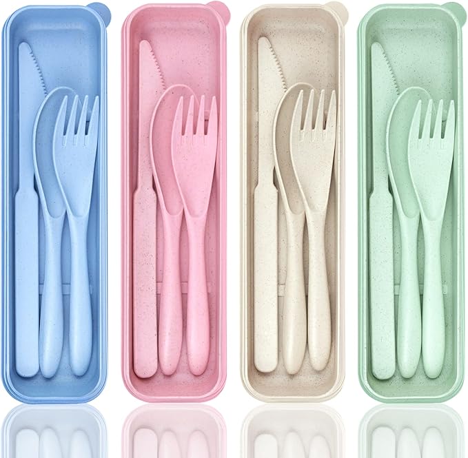 4 Sets Portable Utensils Set with Case, Travel Utensils Fork and Spoon Set for Lunch Box Accessories, Reusable Lunch Utensils Set for Work, Travel Accessories Camping Utensil Set and Home Use