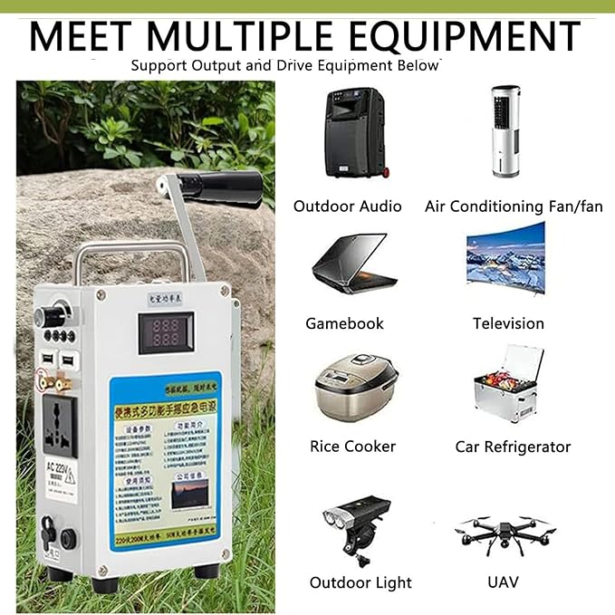 160W Hand Crank Generator, Portable Power Station w/Folding Handle, Aluminum Alloy Small Inverter Generator Rechargeable for Home Camping Outdoor Smartphone Charger